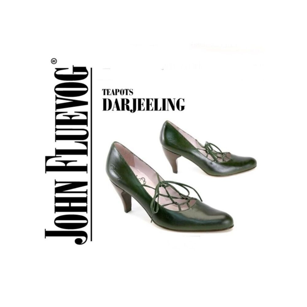 John Fluevog Teapots Darjeeling Leather Pumps Heels Olive Green